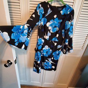 Black, blue and white dress with bell sleeve